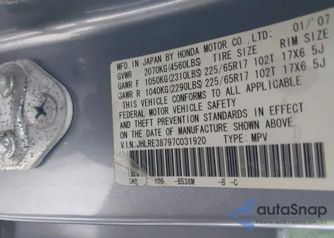 2007 Honda Cr-V Ex-L z USA, uszkodzony, nr VIN JHLRE38797C031920
